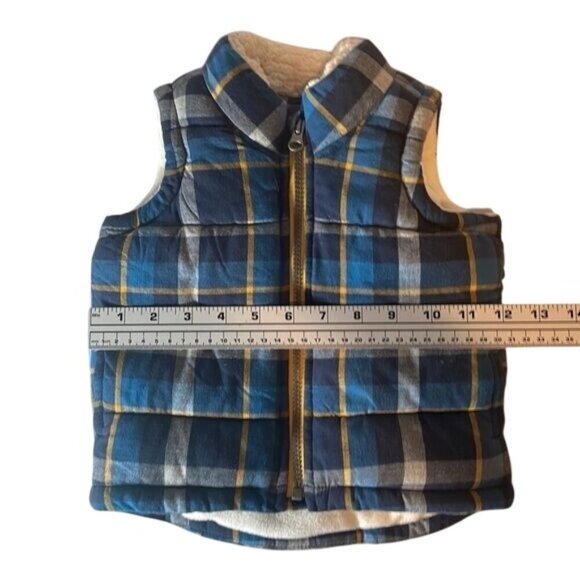 Old Navy Toddler Plaid Puffer Vest With Sherpa Lining Blue Yellow Size Boy 12M - Picture 8 of 8